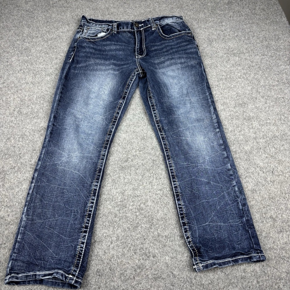 True Luck Jeans Mens 34x30 Relaxed Straight Leg Dark‎ Wash Blue Denim Casual EUC